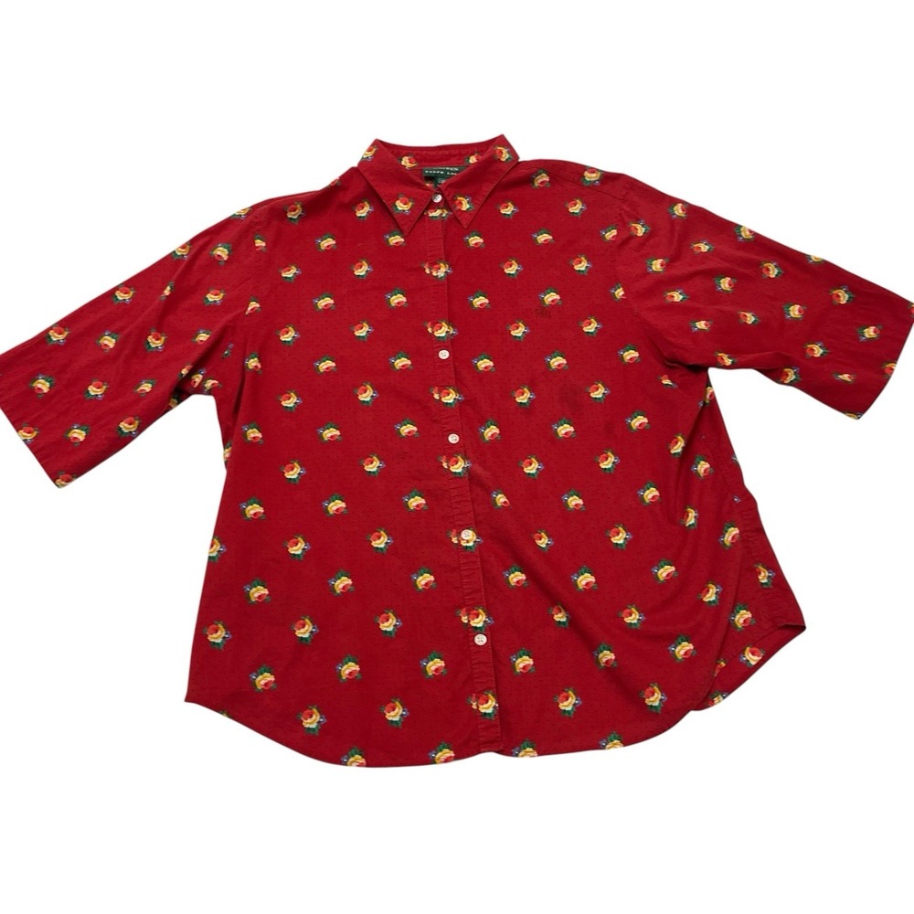 Lauren Ralph Lauren Top Red Floral Button Down Blouse XL Logo Cottagecore Preppy